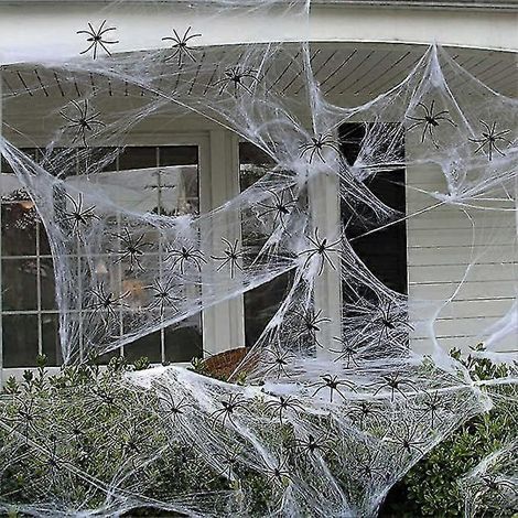 Halloween-Spinnennetze zum Ausdehnen für drinnen und draußen, gruselige Spinnweben mit 60 künstlichen Spinnen für Halloween-Dekorationen (1/5)