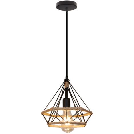 royaluxe- Suspension Luminaire En Corde De Chanvre Lustre Rétro Plafonnier Diamant Noire Pour Bureau, Couloir, Restaurant, Loft, Bar, Café, 25CM