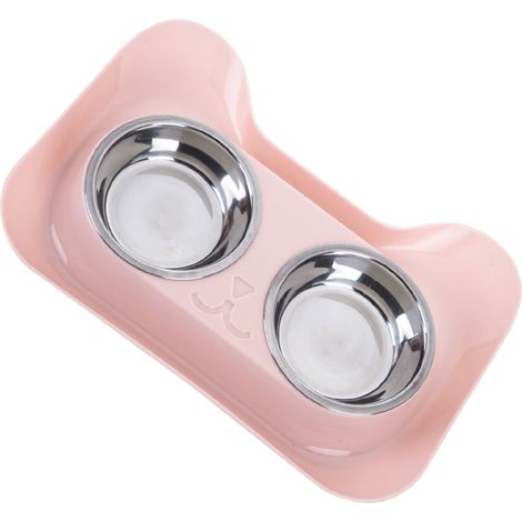 Gamelles pour chiens et chats en acier inoxydable, forme mignonne, étanches, intérieur lisse, faciles à nettoyer, double gamelle rose (1/5)