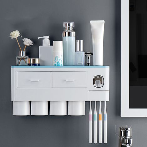 Soporte de pared para cepillos de dientes con dispensador automático de pasta de dientes, 4 vasos magnéticos azules y almacenamiento invertido no requiere taladrar montaje en pared fabricado en PP/ABS (1/5)