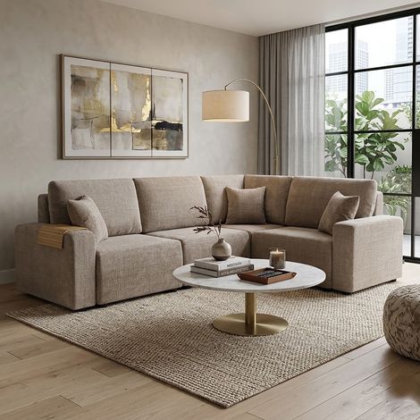 Canapé d'angle modulable 5 places en tissu texturé beige - MODULYS (1/5)