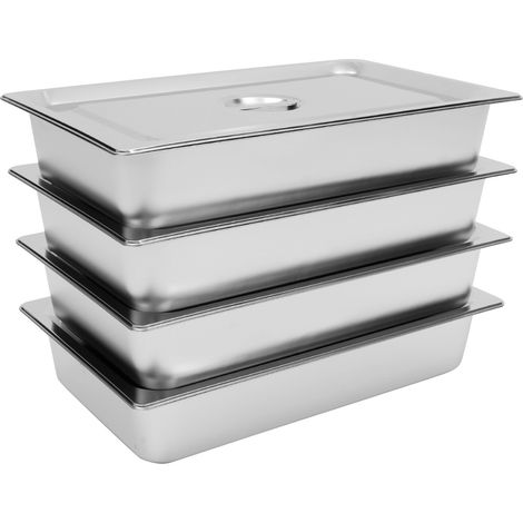 Lot 4 bacs gastronorm – 9 L, 53,5×32,5×10 cm, inox 201 – Avec couvercles – Pour buffet, restaurant, traiteur – Argent