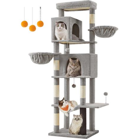 Árbol para gatos torre para gatos de 175 cm de altura refugio multinivel para gatos con 2 casitas 2 cestas 5 postes rascadores percha para acicalarse hamaca gris paloma 120003886 (1/4)