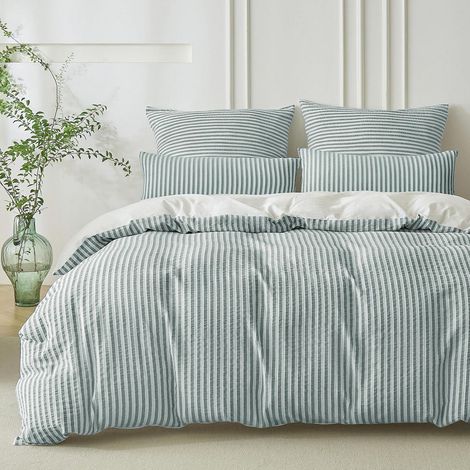 Ensemble literie 220x240 Coton Jacquard Rayé Vert foncé Blanc 3 pièces OEKO-TEX