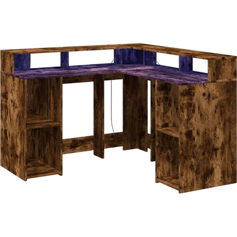 Bureau table poste de travail meuble d'ordinateur informatique étude et lumières LED chêne fumé 130 x 130 x 91cm bois ingénierie brun (1/5)
