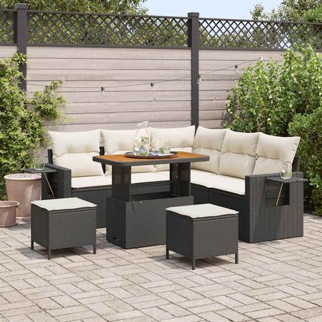 Gartensofa-set mit Kissen 9 pcs Schwarz und Creme Poly-Rattan