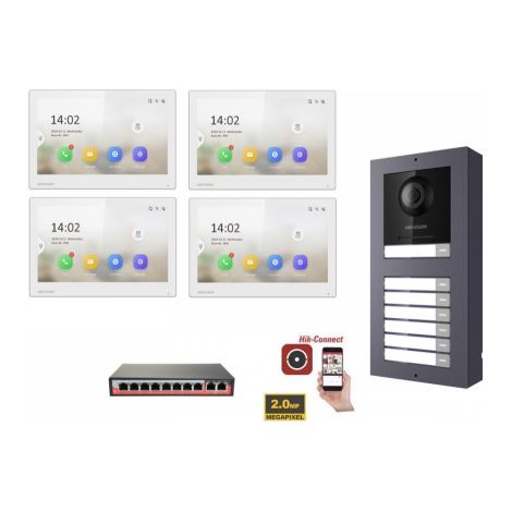 KIT Videocitofono IP Poe Hikvision 4 appartamenti Monitor 7 pollici Bianco WIFI smart telecamera 2 mpx