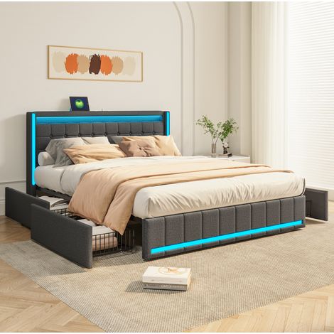 Letto matrimoniale 160x200x100 cm con LED, 4 cassetti, porta USB, legno massello e MDF, grigio scuro (1/5)