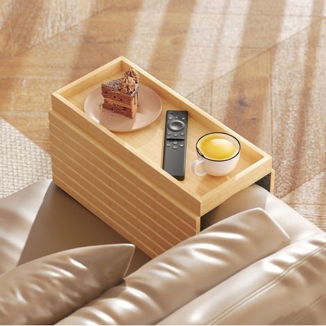 Tablette d'accoudoir pour canapé en bambou, pliable, pour boissons, snacks et télécommande, effet bois naturel (1/5)
