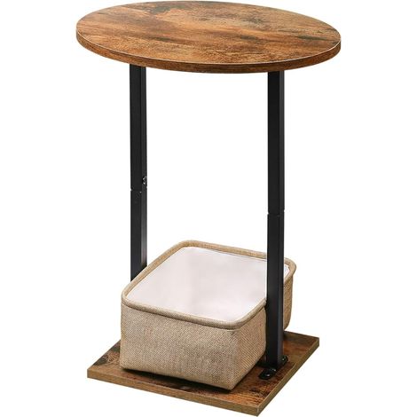 Side Table, Round Sofa End Table with Fabric Basket, Small Side Furniture Wooden with Metal Frame for Living Room, Bedroom, Balcony, Terrace, Brown-Black (1/5)