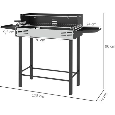 Barbecue au charbon de bois, grille réglable, 1 broche à rôtisserie, 118 x 32 x 90 cm, noir et argent (1/5)