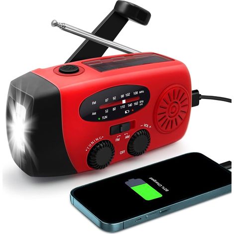 Radio solar portátil, pequeña radio de emergencia FM/AM con batería recargable de 2000 mAh, manivela y linterna LED, ideal para emergencias, actividades al aire libre y senderismo. (1/5)