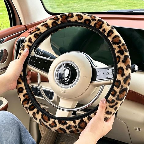 Funda para volante de coche con estampado de leopardo, funda para volante de coche de felpa suave, cálida y antideslizante, funda para volante de leopardo, protección para volante de accesorios para c (1/5)