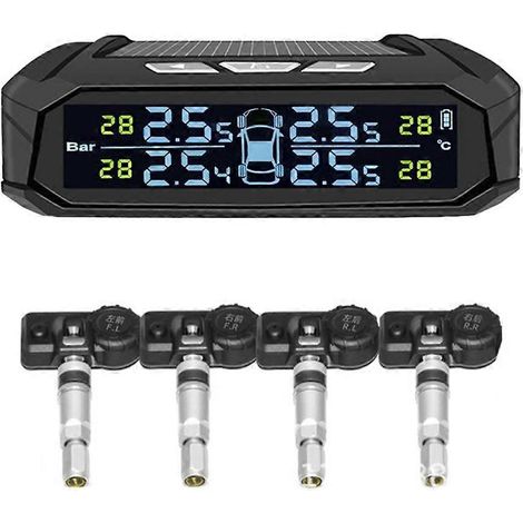 Système de surveillance de la pression des pneus (TPMS) pour voiture, alimentation solaire, affichage numérique, système d'alarme de sécurité automobile avec 4 capteurs internes (1/5)