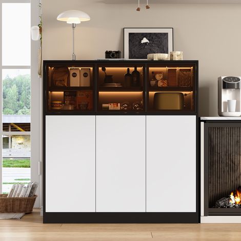 Aparador 100x40x105 cm, mueble de almacenaje para cocina y salón con iluminación LED de 24 colores y 6 puertas, Blanco y negro (1/5)