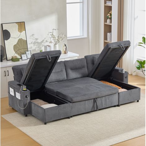 Divano letto 4 posti in velluto a coste, doppia chaise longue, contenitore, grigio carbone DESVIAE (1/5)