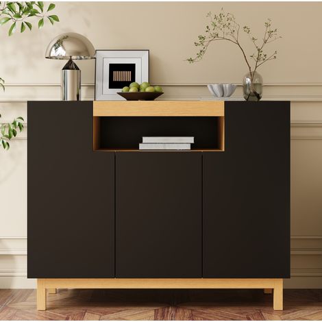Credenza a 3 ante con nicchia aperta, 120,5 x 42 x 96 cm, nero e effetto legno DESVIAE (1/5)