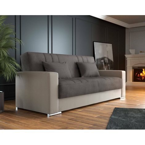 Dmora - Sofá cama Dmede, Sofá cama contenedor 3 plazas en ecopiel y tela, Sofá de salón con apertura click-clac y 2 cojines incluidos, 230x96h101 cm, Beige y Gris (1/3)