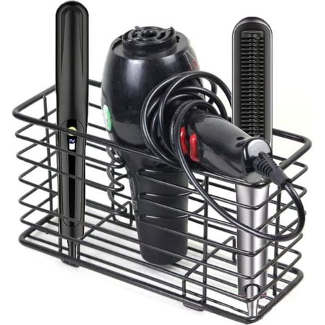 KLVGTIFS PU - Porte sèche-cheveux en métal – panier de rangement pour salle de bain avec 3 compartiments – module de rangement multifonction,noir (1/4)