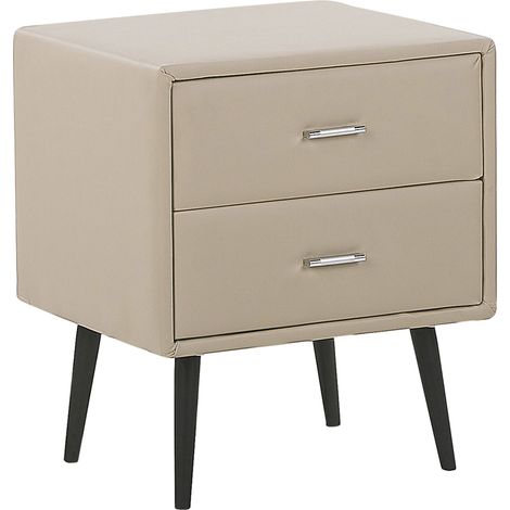 Mesita de noche tapizada en piel sintética beige con 2 cajones patas negras estilo minimalista moderno Essonne