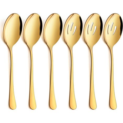 Ensemble de 6 cuillères de service dorées, cuillères de service ajourées dorées, ustensiles de service en acier inoxydable pour buffets, restaurants, banquets et traiteurs, 22 cm, compatibles lave-vai (1/5)