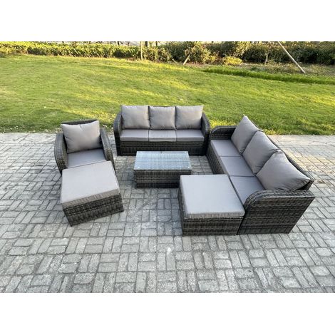 Fimous Salon de jardin 9 places Ensemble de canapés en rotin avec Table basse 2 Grand tabourets Gris foncé mixte (1/5)