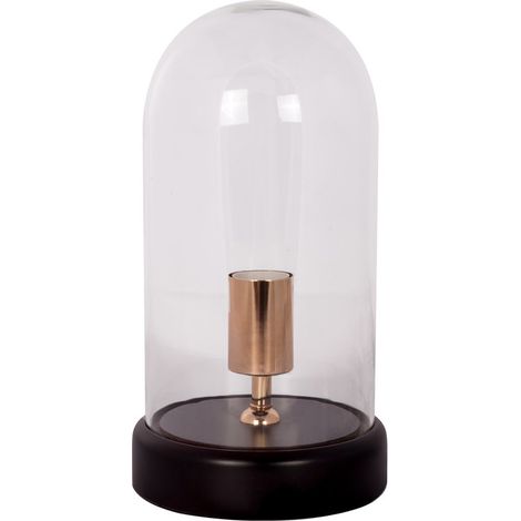 Lampada da tavolo Ceti in vetro trasparente a cupola con base in legno (1/3)