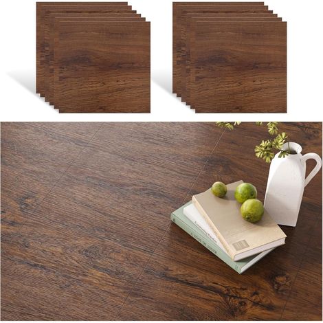 Dalle PVC Adhesive Sol Bois Vintage 12 Pièces Carrelage Adhesif Sol PVC Aspect Bois Marron Foncé Dalle Garage Salle de Bain Chambre Carreaux Adhesif Cuisine Imperméable 30 cm x 30 cm (1/5)