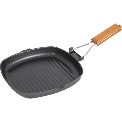 Poêle à Griller en Fonte, Poêle à Steak carrée en Acier au Carbone, Poêle à Griller antiadhésive avec Manche en Bois Pliant, Poêle à Steak, 24 cm, Noir (1/5)