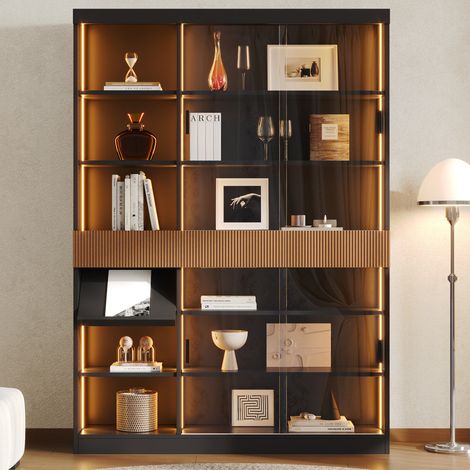 MODFU – Vitrine 120x28,5x180 cm MDF/verre – LED et portes coulissantes – 3 tiroirs et abattant – Salon – Noir/marron (1/5)