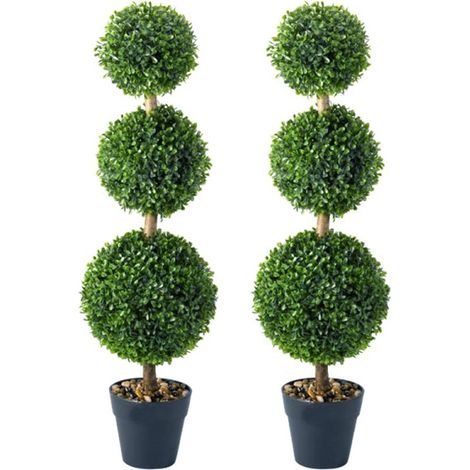 Set of 2 Artificial Topiary Trees 80cm 3 Ball Design in Pots, UV Resistant Outdoor Artificial Plants for Front Door Patio