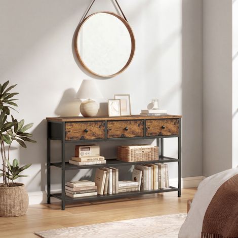 Table Console, 3 Tiroirs en Tissu, 2 Étagères Grillagées, Bout de Canapé Fin, pour Couloir, Salon, Marron