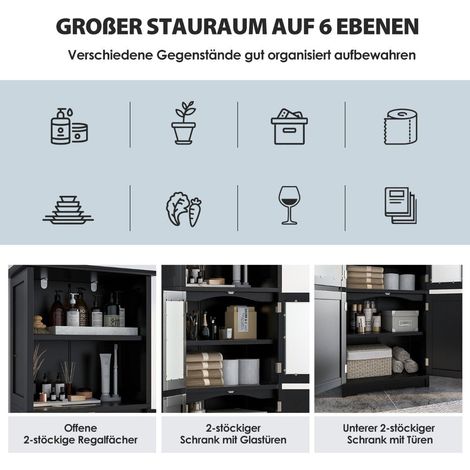 Badschrank mit glasturen 2 offenen fachern und verstellbaren regalen schwarz