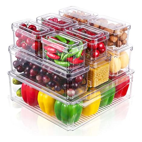 10er Organiseur Frigo Cusine, boîte de Rangement à poignée Transparent Bac Rangement Plastique Transparent pour Réfrigérateur, Cuisi (1/4)