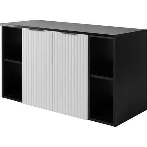 Furnidea - Meuble sous vasque suspendu FLOW BLANC 100 cm avec 2 x l'étagères - extensions et plan NOIR - 2 portes - façades rainurées (1/5)