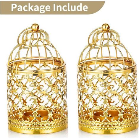 2 Pièces Petite Lanterne Cage Oiseaux Suspendue Photophore Métal, Lanternes Dorées pour Bougies Centres Table Vintage Mariage Fête (1/4)