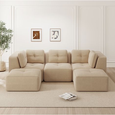 Sofá esquinero modular de corduroy beige para salón OKMYHOME (1/5)