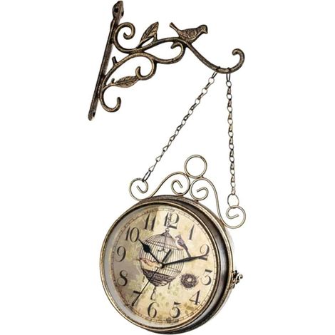 Horloge Murale Vintage Double Face en Fer Forgé Horloge Décorative Rétro Silencieuse pour Intérieur et Extérieur Style Créatif pour Salon Jardin Café – 1 Pièce (1/5)