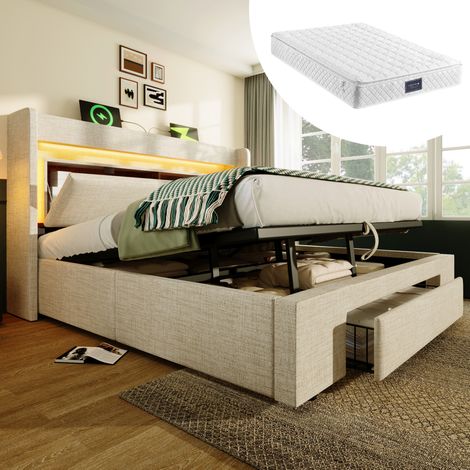 Lit rembourré 140x200 cm avec rangement hydraulique, LED et USB-C, beige, avec matelas (1/5)