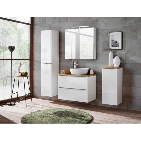 Otitec – Meuble bas de salle de bain avec panier à linge – Chêne artisanal doré et blanc brillant – Dimensions L35-H80-P35 – Montage facile (1/4)