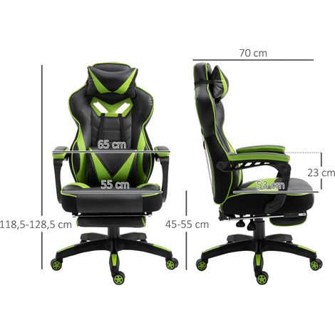 Vinsetto Silla Gaming Ergonómica Silla de Escritorio de Oficina Regulable en Altura Reclinable Respaldo con Reposapiés Reposacabezas Cojín Lumbar Ruedas 65x70x118,5-128,5 cm Verde (1/5)