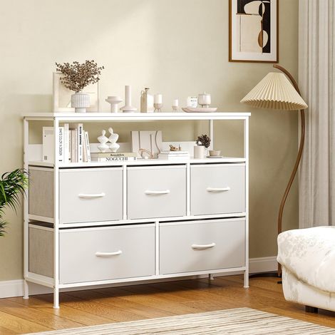 Kommode mit TV-Aufsatz, 5 Stoffschubladen – Stoff Kommode Schlafzimmer, stabilem Stahlrahmen & MDF-Platte Kommode Organizer, Aufbewahrungsmöbel für Schlafzimmer, Wohnzimmer & Flur, Weiß (1/5)