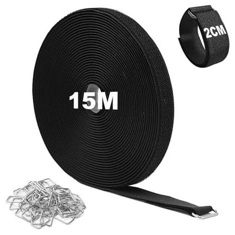 Cinghia in velcro regolabile da 15 m con 75 bottoni in metallo, cinghia elastica riutilizzabile, gestione cavi tagliabile, per cavi, ombrelli, tappetini da yoga - (1/5)