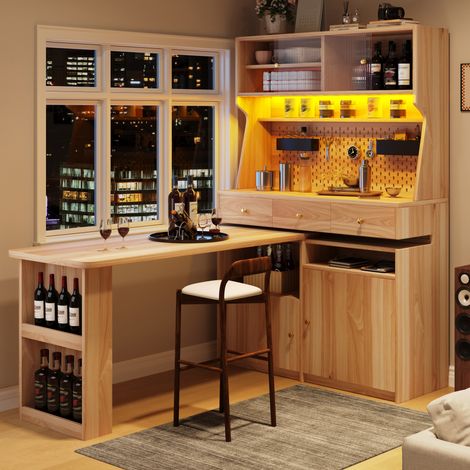 Buffet haut de cuisine avec bureau integre 137x74x177,7 cm, meuble de rangement LED USB, portes en verre, MDF naturel (1/5)