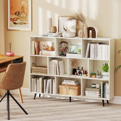 Étagère à 10 Cubes 140CM Organisateur de Rangement Moderne avec 5 Pieds Métalliques Effilés Étagère Autoportante avec 2 Kits Antichute Blanc (1/3)