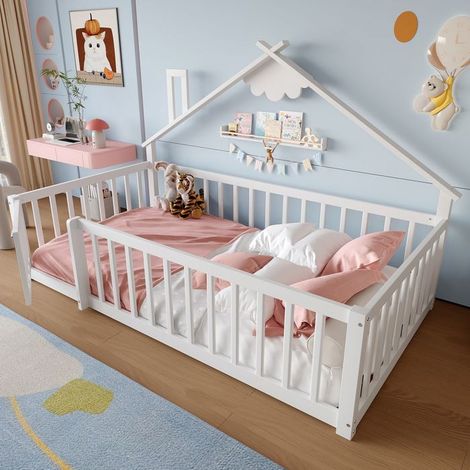 lit cabane enfant 90x190, garde-corps haut sécurité renforcée lit enfant, structure bois massif, univers ludique (1/5)