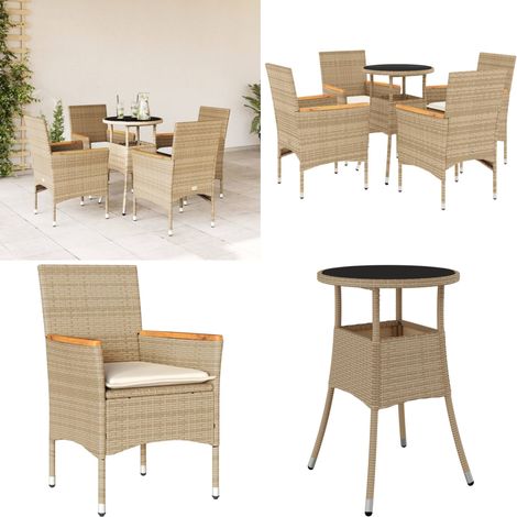 Ensemble à manger de jardin et coussins 5 pcs beige rotin verre - Meubles De Jardin - Salon De Jardin - Set De Jardin - Mobilier De Patio - Table De Jardin - Home & Living (1/5)
