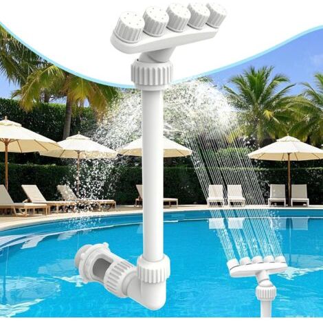 Fontaine de piscine réglable à 5 buses, adaptée aux piscines hors sol et enterrées, contrôle directionnel à 360°, avec 2 adaptateurs, arroseur cascade rafraîchissant haute efficacité et aérateur (vers (1/5)
