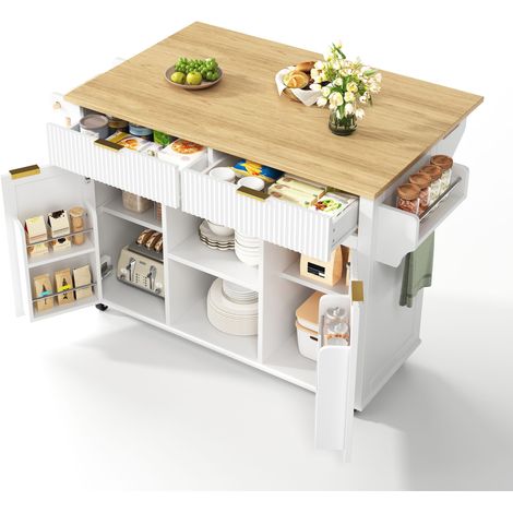 Îlot de Cuisine sur Roulettes Blanc avec Plateau Rabattable 120x45 cm, Chariot de Cuisine 2 Tiroirs et Rangement Épices (1/5)