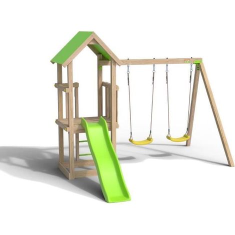 Trigano – Aire de jeux bois 1,90 m – 6 enfants – Structure en pin traité autoclave IV – Toboggan, balançoires et bac à sable inclus